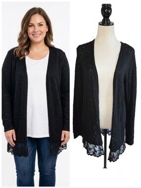 AB Studio Black Open-Front Cardigan with Lace Hem Women's Size Extra Large XL